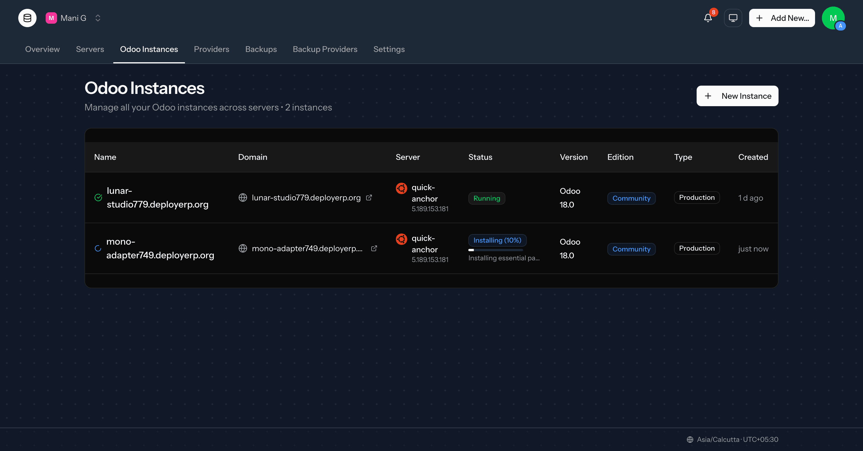 DeployERP Odoo instances list with running and installing deployments
