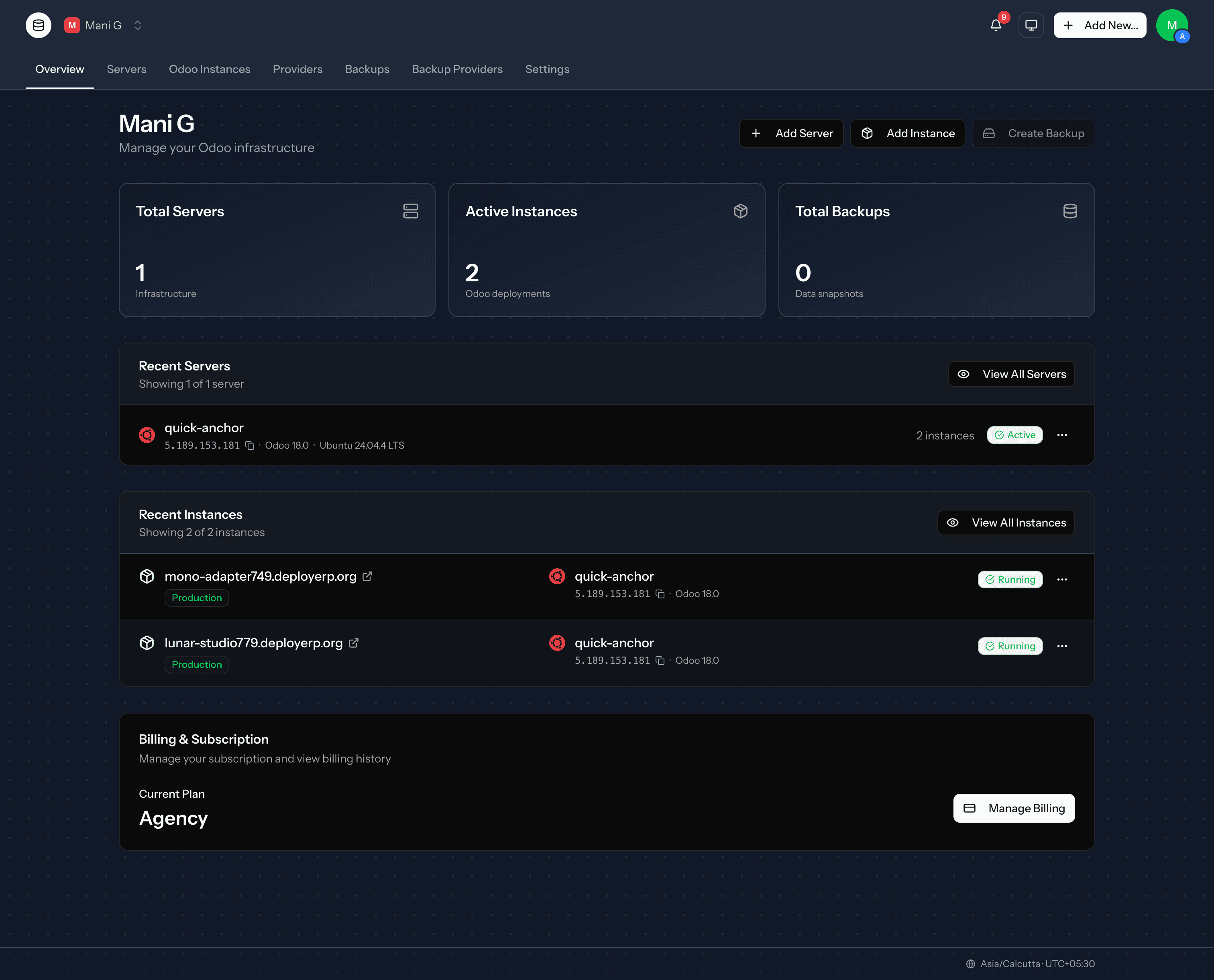 DeployERP overview dashboard with infrastructure stats and recent activity