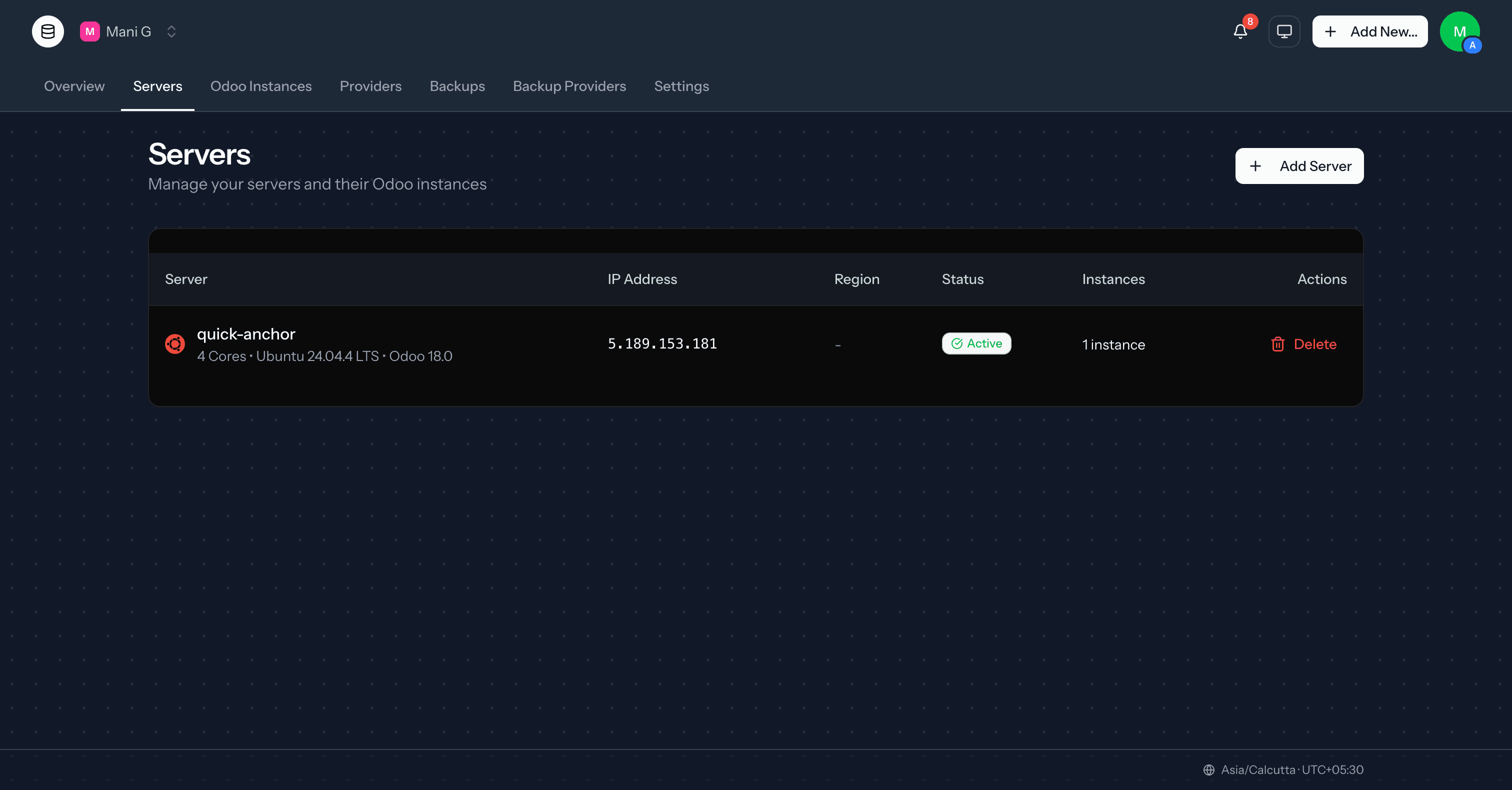 DeployERP servers dashboard showing a provisioned Ubuntu server running Odoo 18.0